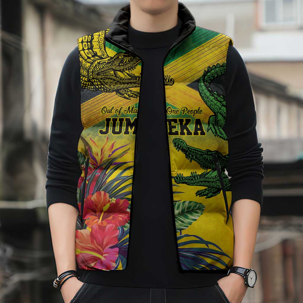 Personalized Jamaica Crocodile Sleeveless Puffer Jacket Tropical Flowers Grunge Flag - Wonder Print Shop
