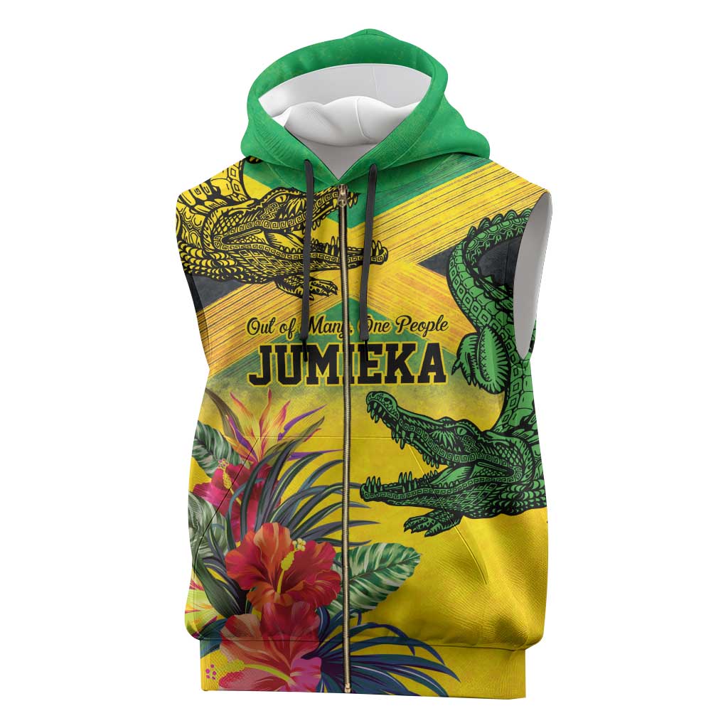 Personalized Jamaica Crocodile Sleeveless Zip Hoodie Tropical Flowers Grunge Flag - Wonder Print Shop