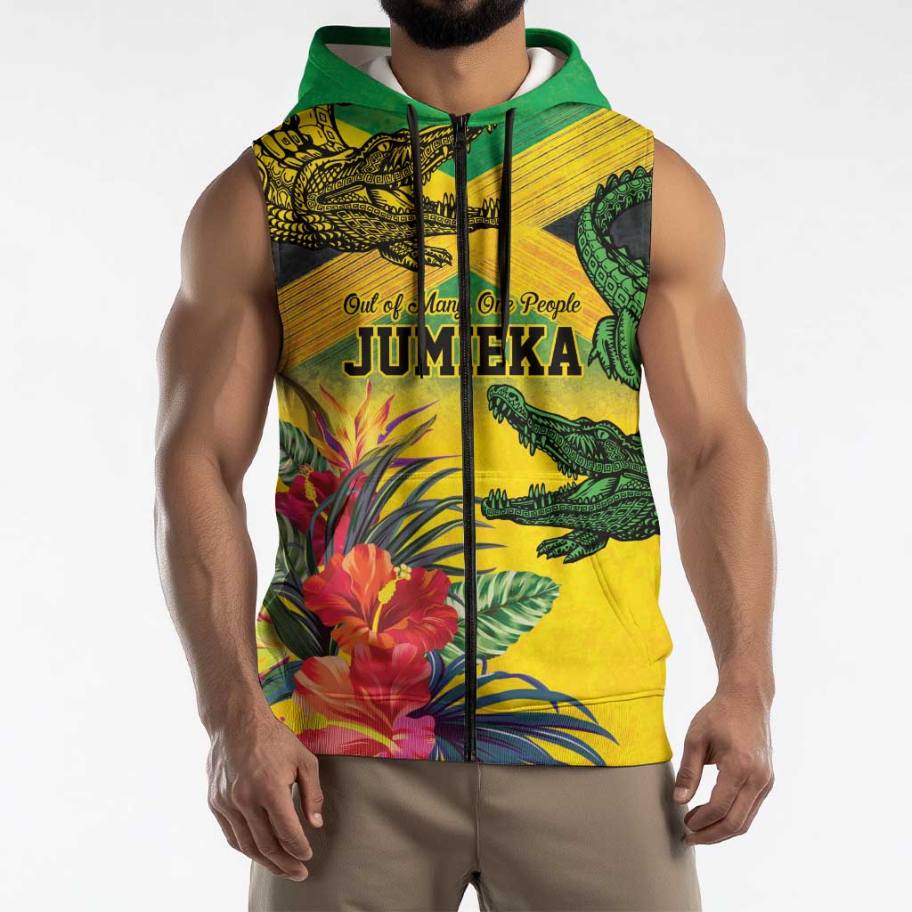 Personalized Jamaica Crocodile Sleeveless Zip Hoodie Tropical Flowers Grunge Flag - Wonder Print Shop