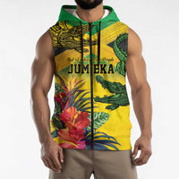 Personalized Jamaica Crocodile Sleeveless Zip Hoodie Tropical Flowers Grunge Flag - Wonder Print Shop
