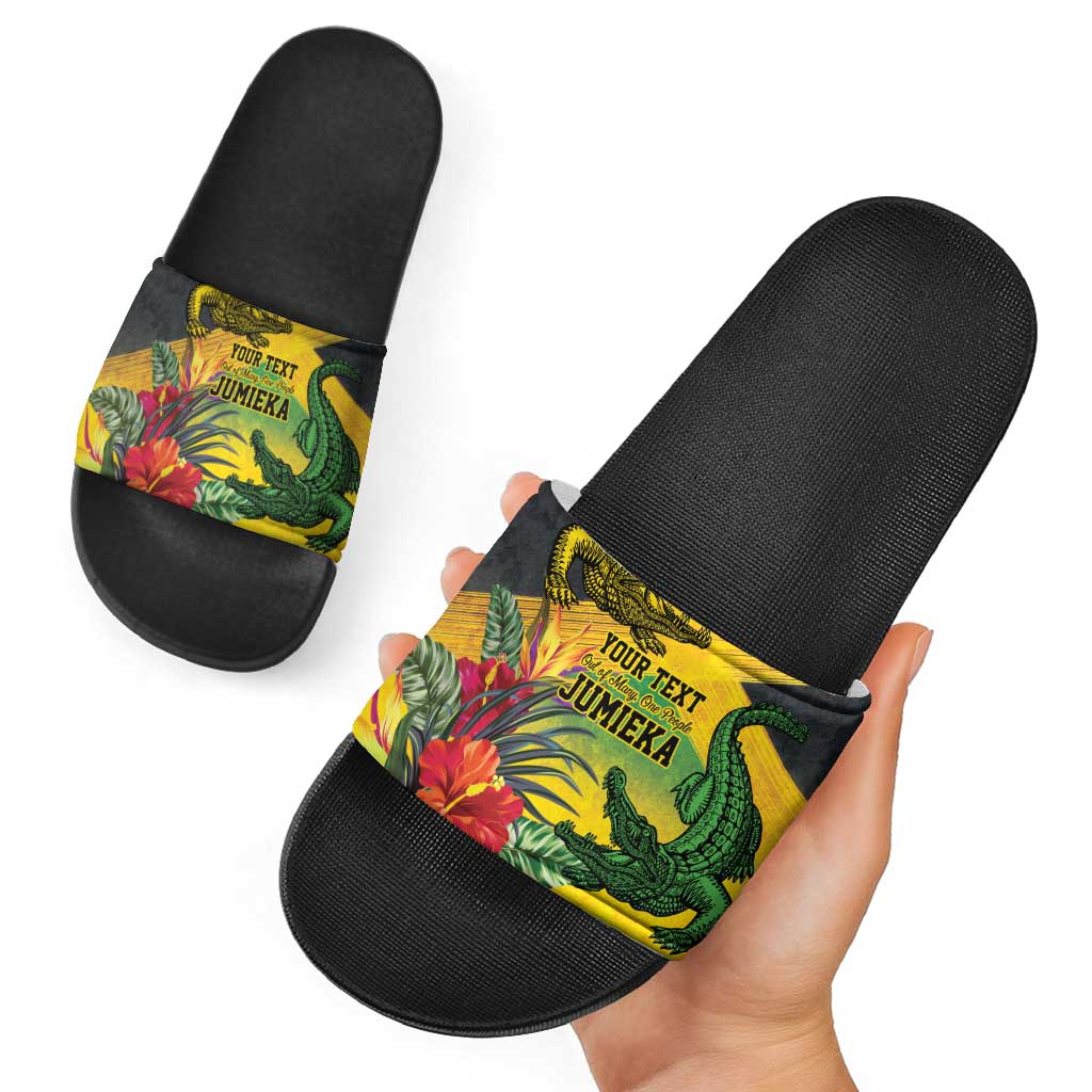 Personalized Jamaica Crocodile Slide Sandals Tropical Flowers Grunge Flag - Wonder Print Shop