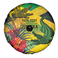 Personalized Jamaica Crocodile Spare Tire Cover Tropical Flowers Grunge Flag - Wonder Print Shop