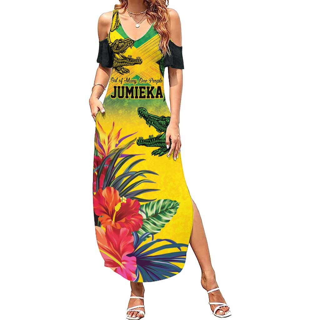 Personalized Jamaica Crocodile Summer Maxi Dress Tropical Flowers Grunge Flag - Wonder Print Shop
