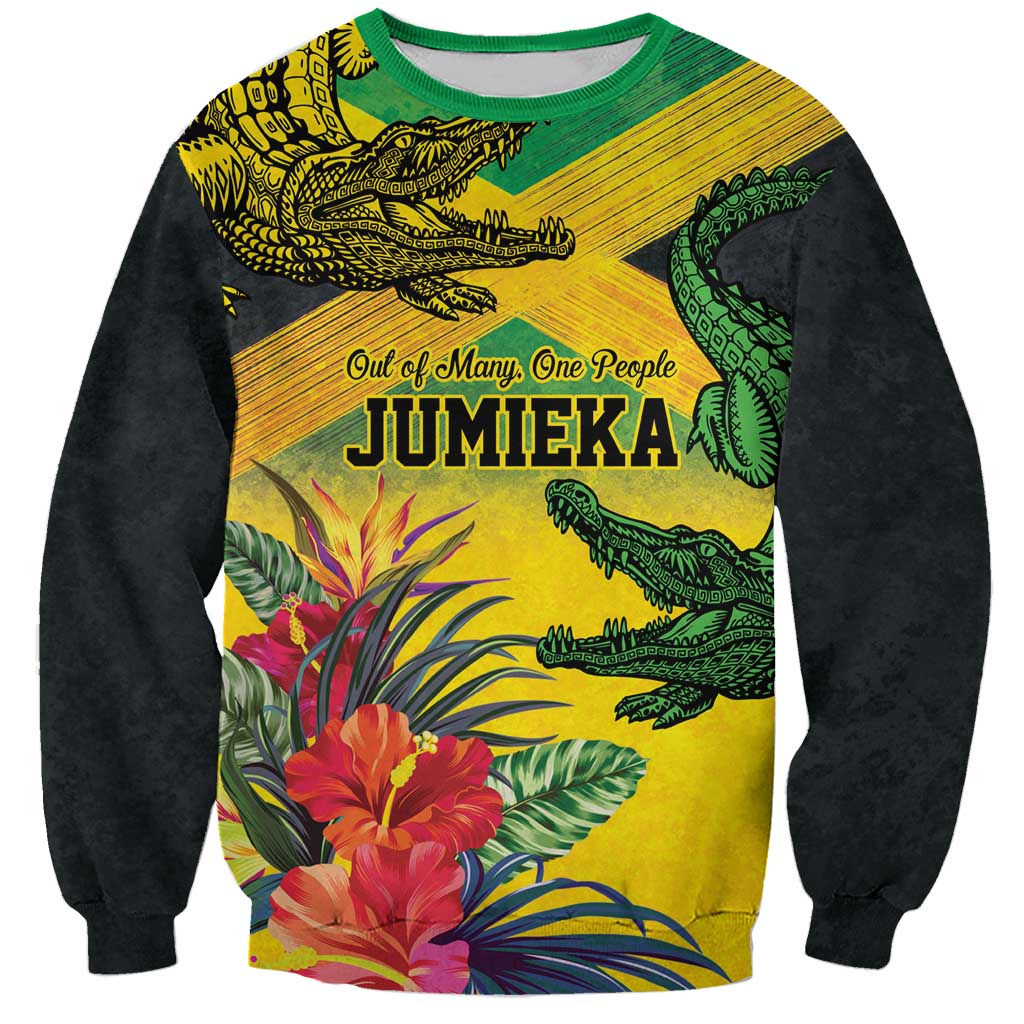 Personalized Jamaica Crocodile Sweatshirt Tropical Flowers Grunge Flag - Wonder Print Shop