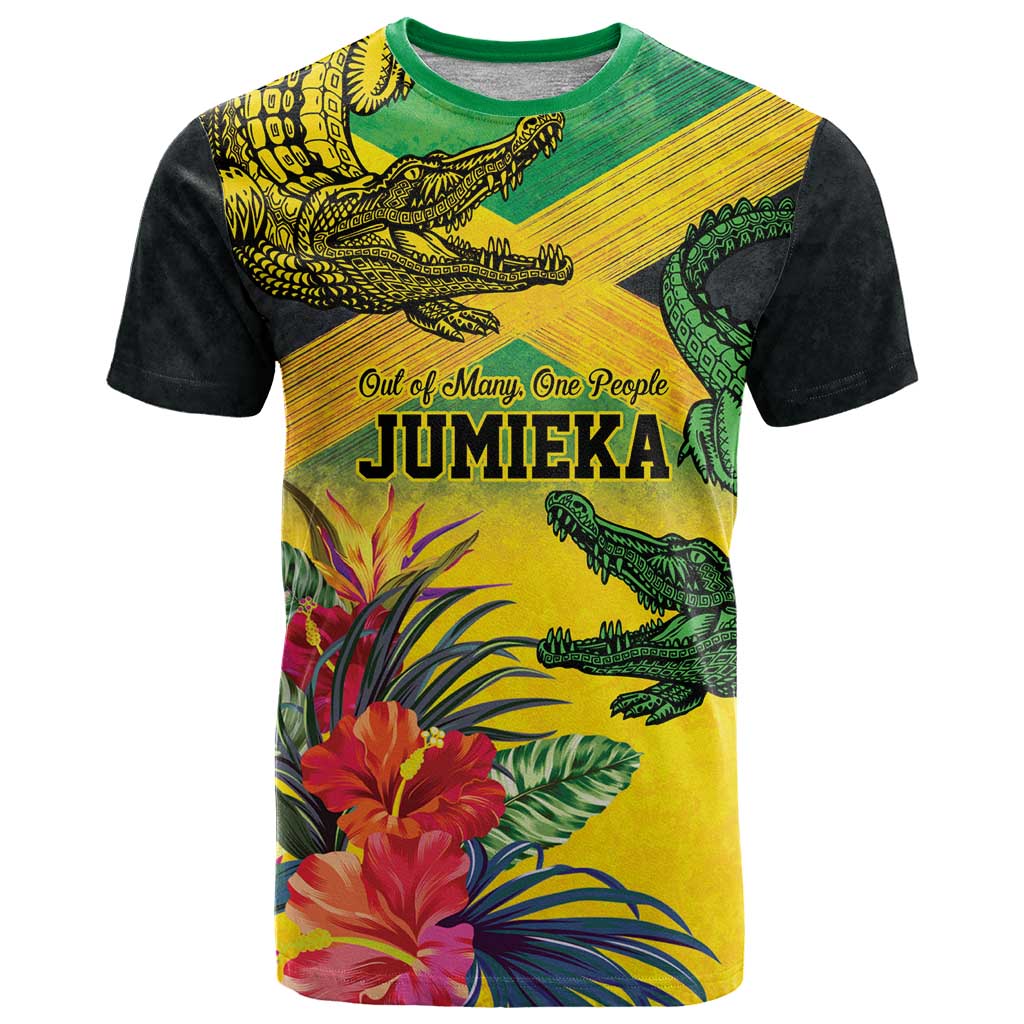 Personalized Jamaica Crocodile T Shirt Tropical Flowers Grunge Flag - Wonder Print Shop