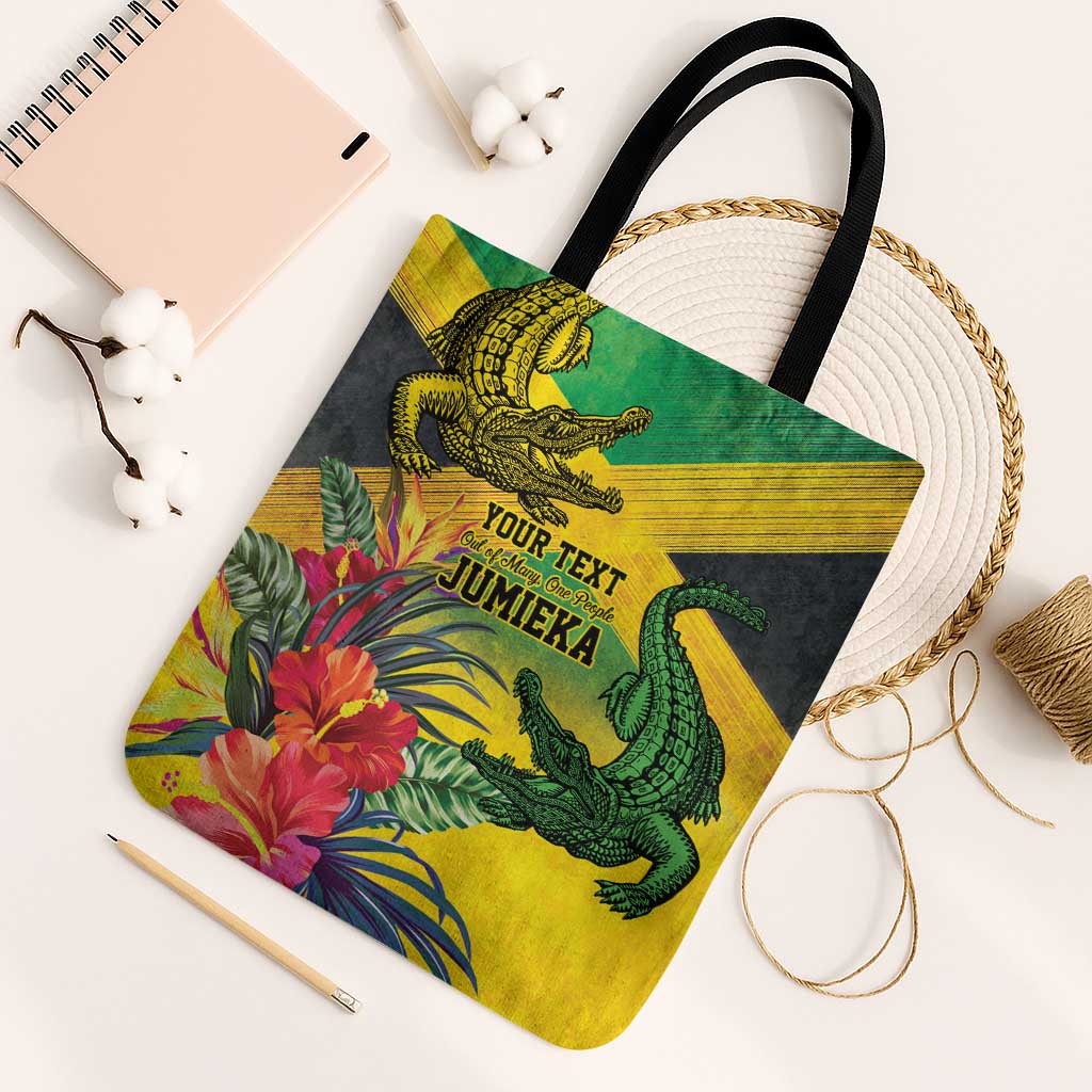 Personalized Jamaica Crocodile Tote Bag Tropical Flowers Grunge Flag - Wonder Print Shop