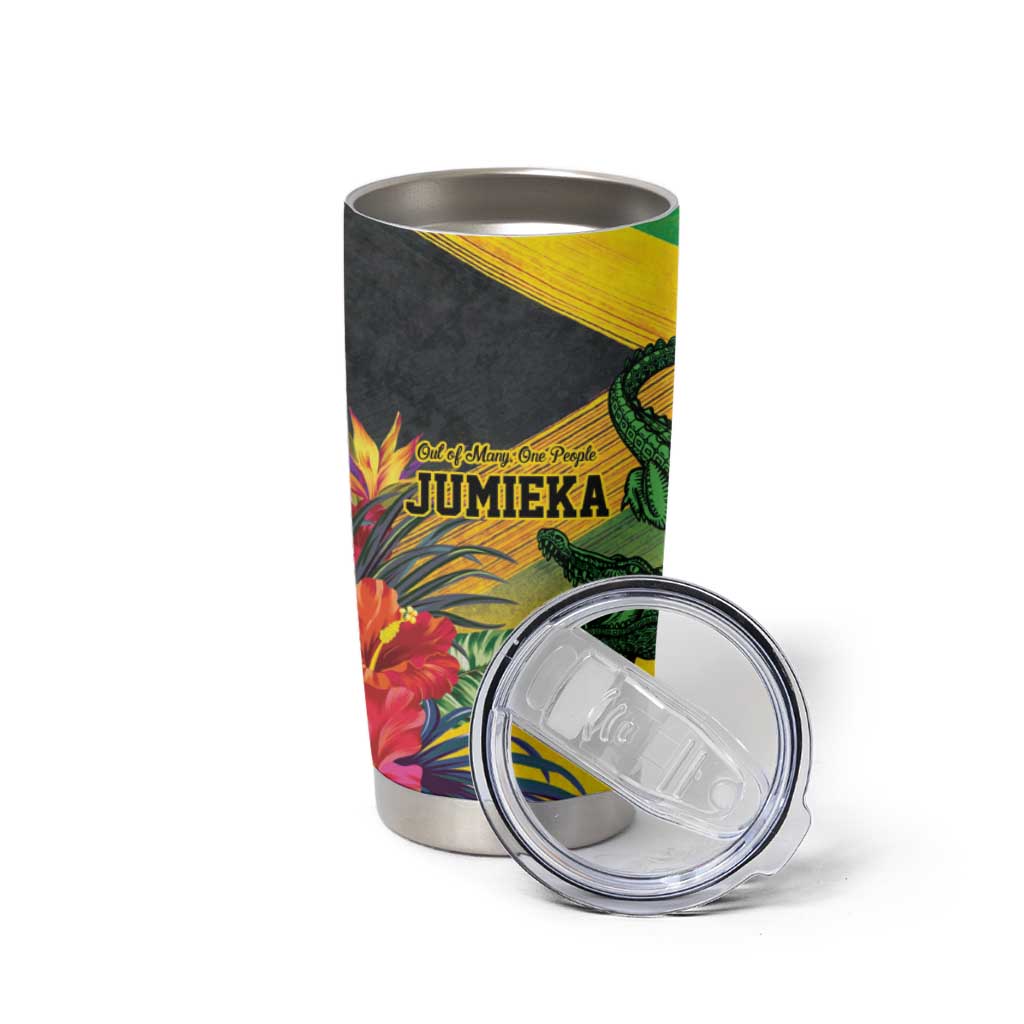Personalized Jamaica Crocodile Tumbler Cup Tropical Flowers Grunge Flag - Wonder Print Shop