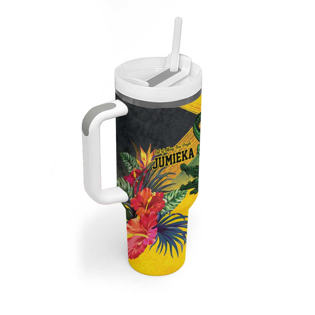 Personalized Jamaica Crocodile Tumbler With Handle Tropical Flowers Grunge Flag - Wonder Print Shop