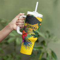 Personalized Jamaica Crocodile Tumbler With Handle Tropical Flowers Grunge Flag - Wonder Print Shop