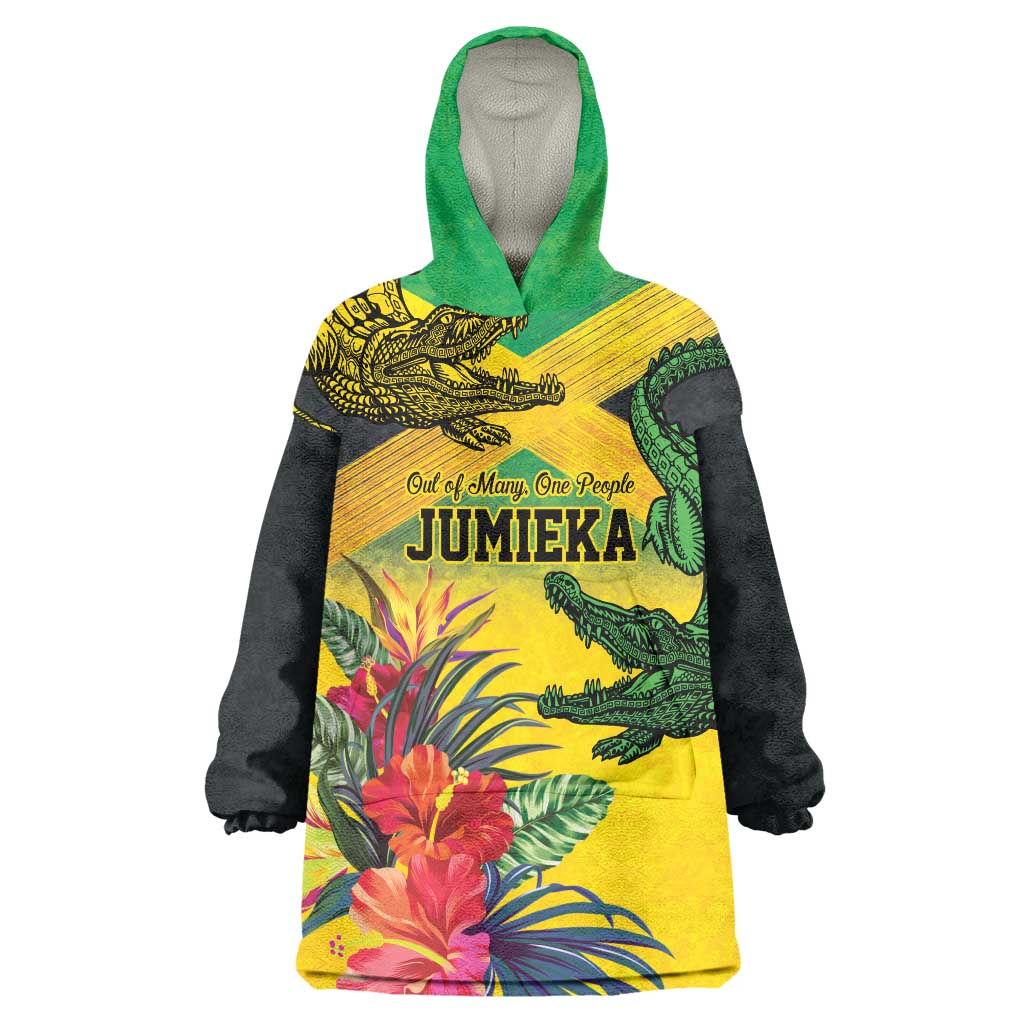 Personalized Jamaica Crocodile Wearable Blanket Hoodie Tropical Flowers Grunge Flag - Wonder Print Shop