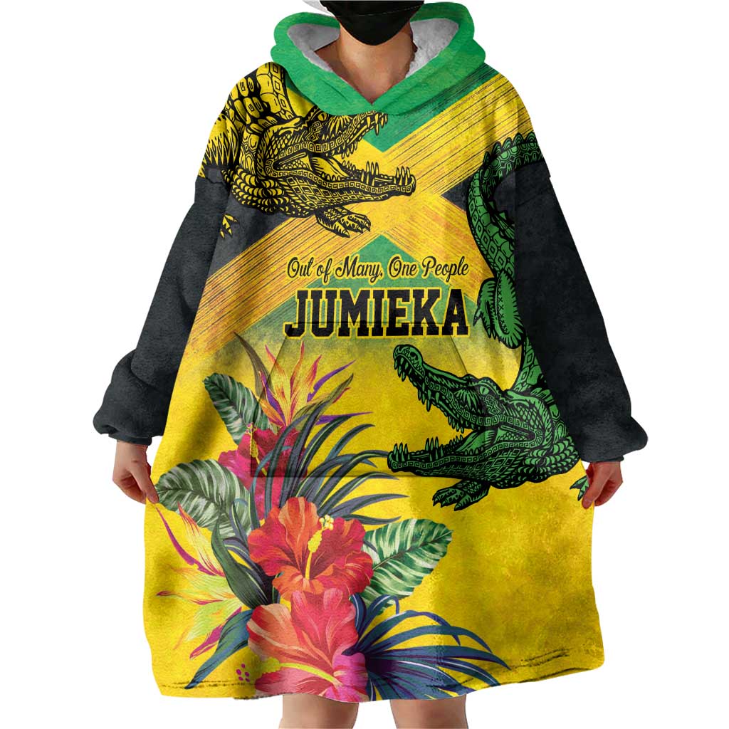 Personalized Jamaica Crocodile Wearable Blanket Hoodie Tropical Flowers Grunge Flag - Wonder Print Shop