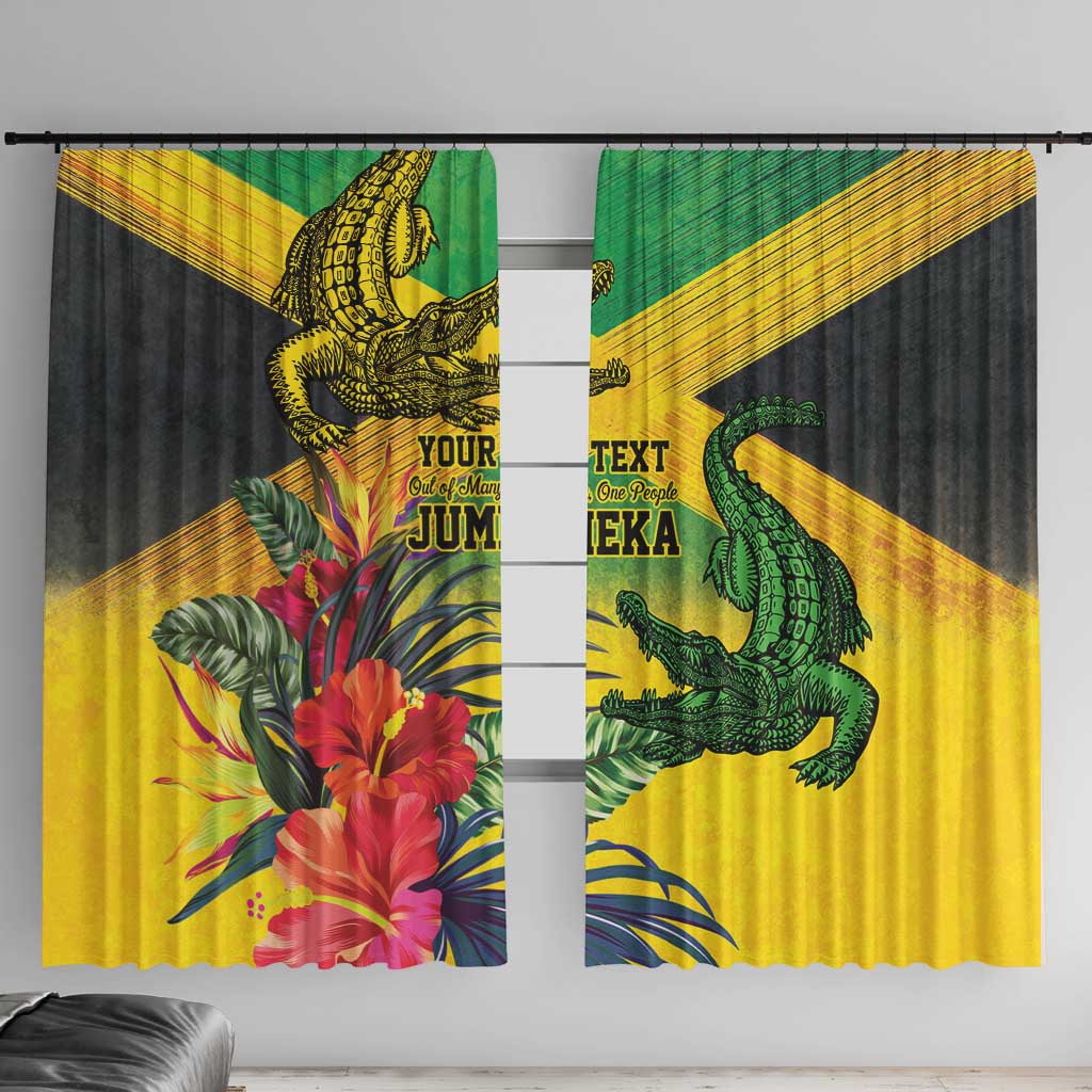 Personalized Jamaica Crocodile Window Curtain Tropical Flowers Grunge Flag - Wonder Print Shop