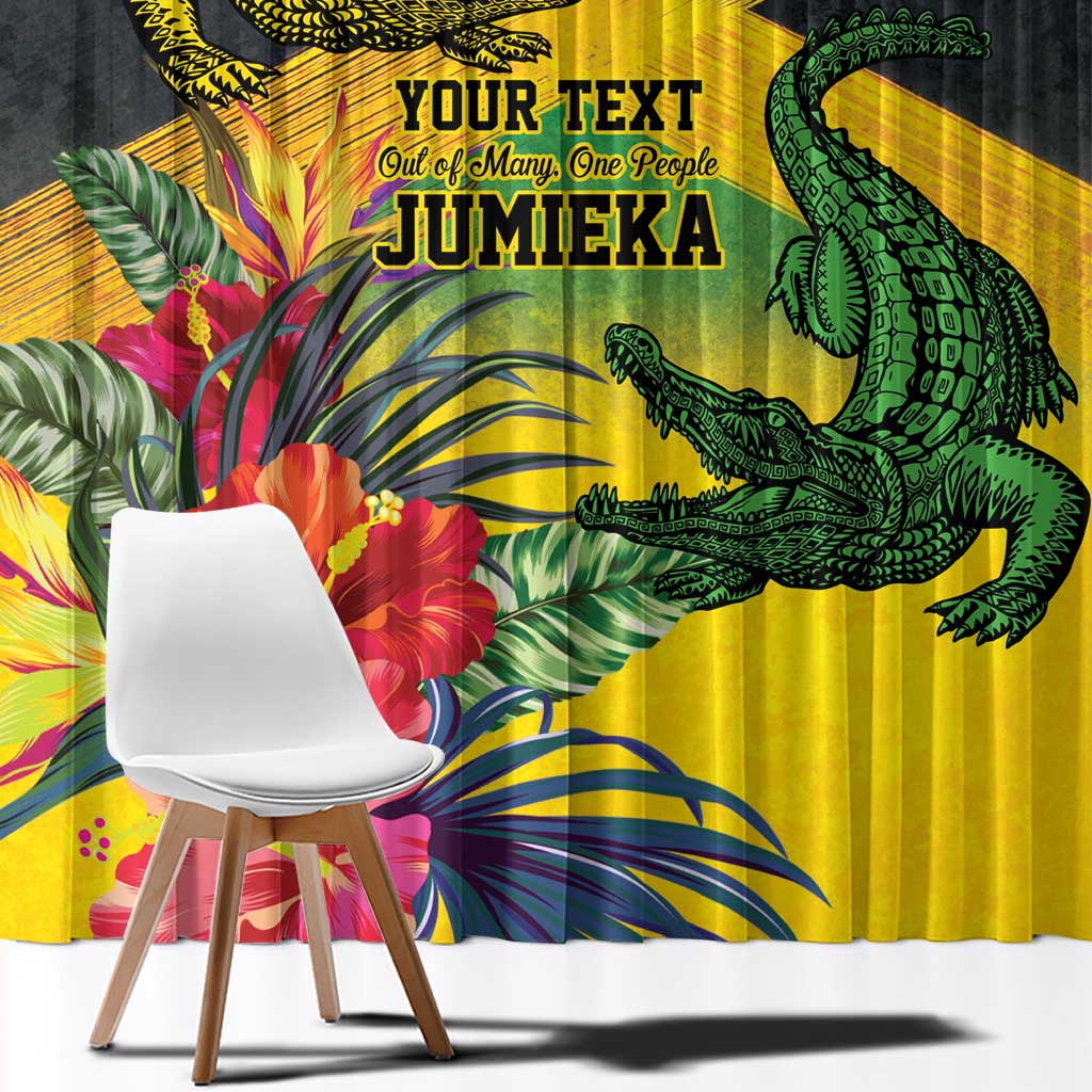 Personalized Jamaica Crocodile Window Curtain Tropical Flowers Grunge Flag - Wonder Print Shop