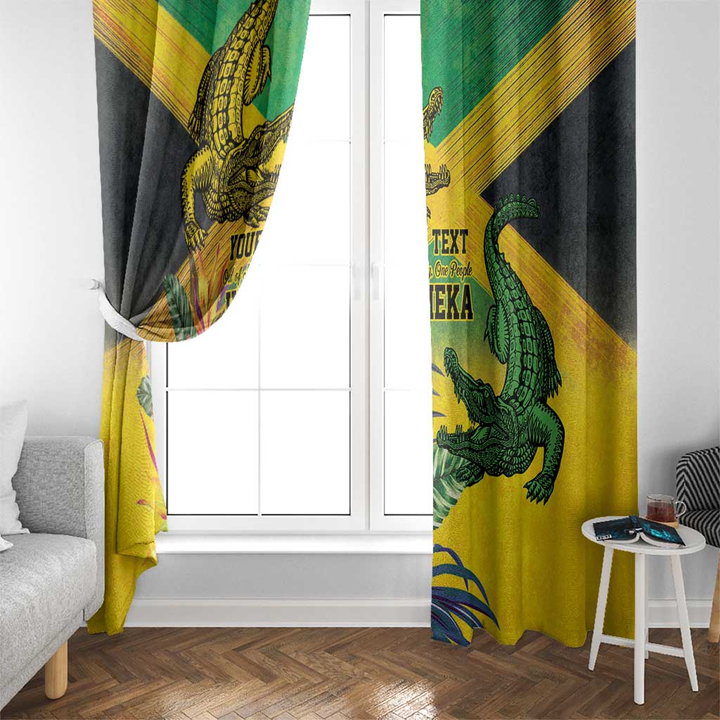 Personalized Jamaica Crocodile Window Curtain Tropical Flowers Grunge Flag - Wonder Print Shop