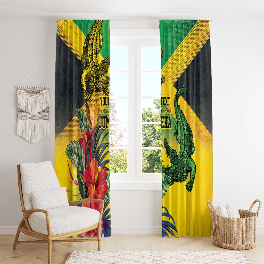 Personalized Jamaica Crocodile Window Curtain Tropical Flowers Grunge Flag - Wonder Print Shop