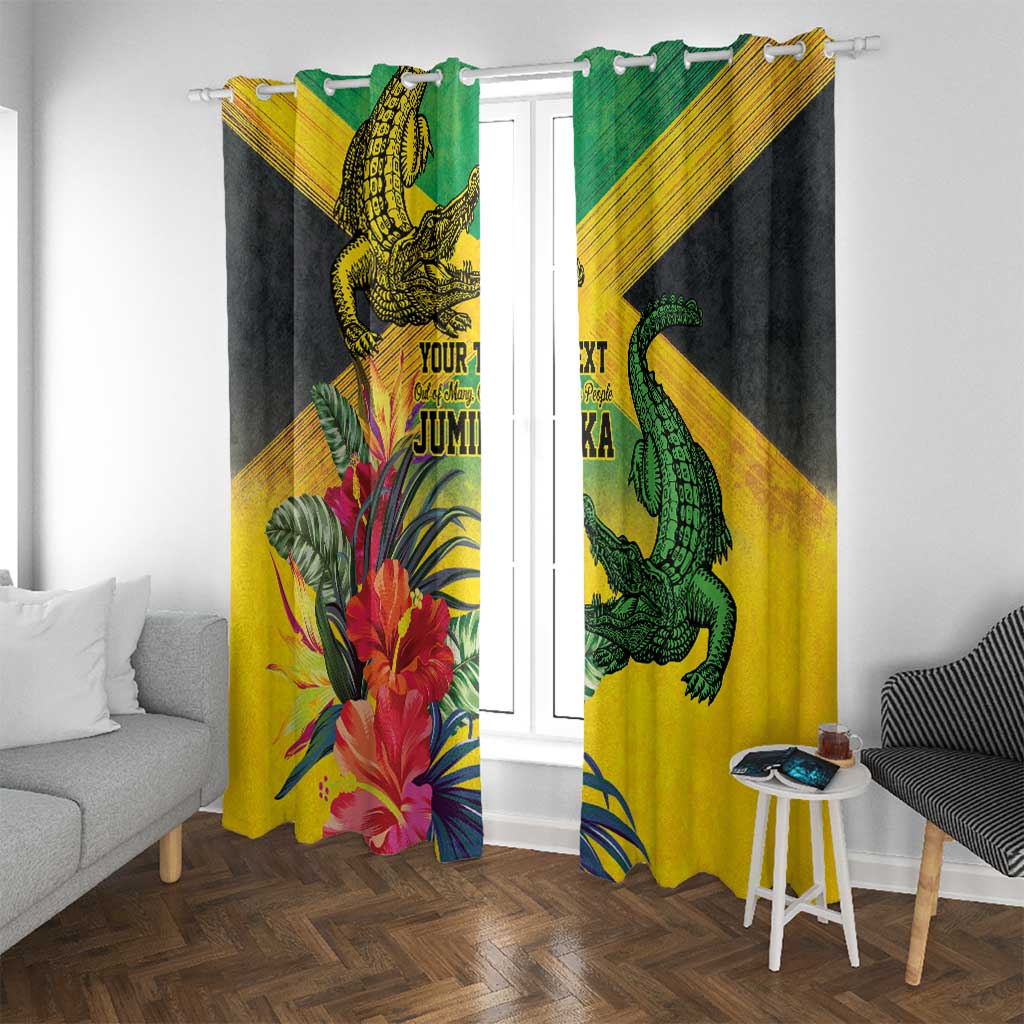 Personalized Jamaica Crocodile Window Curtain Tropical Flowers Grunge Flag - Wonder Print Shop