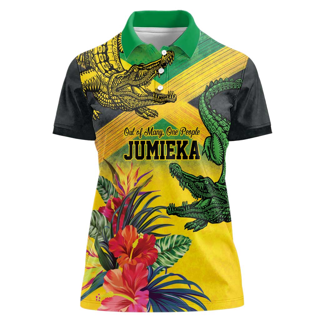 Personalized Jamaica Crocodile Women Polo Shirt Tropical Flowers Grunge Flag - Wonder Print Shop