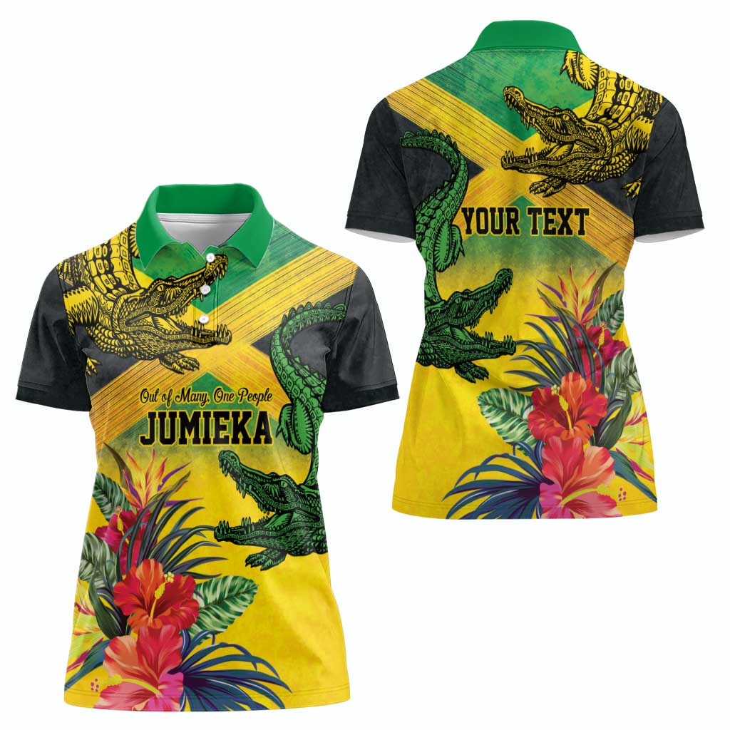 Personalized Jamaica Crocodile Women Polo Shirt Tropical Flowers Grunge Flag - Wonder Print Shop