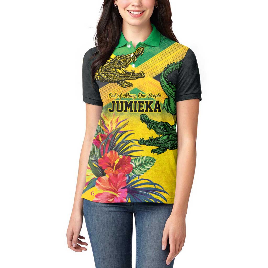 Personalized Jamaica Crocodile Women Polo Shirt Tropical Flowers Grunge Flag - Wonder Print Shop