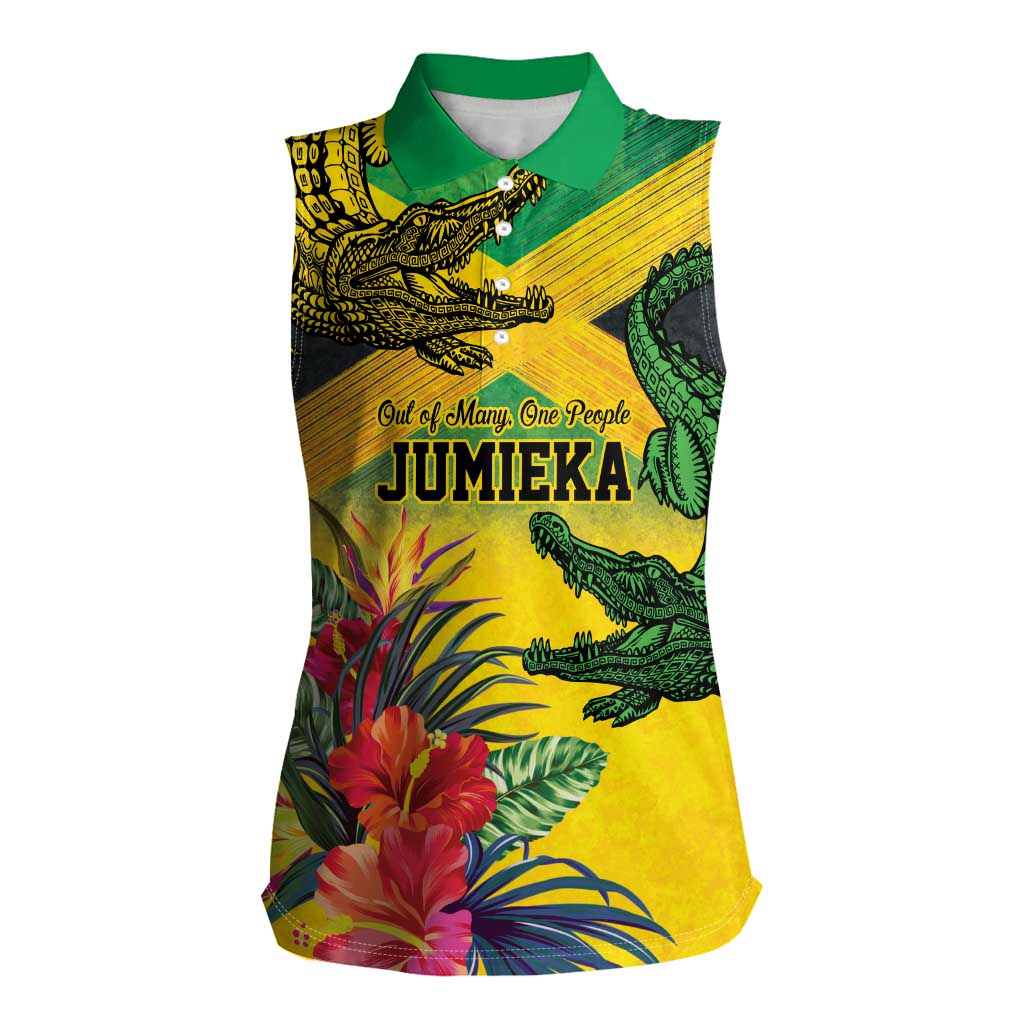 Personalized Jamaica Crocodile Women Sleeveless Polo Shirt Tropical Flowers Grunge Flag - Wonder Print Shop