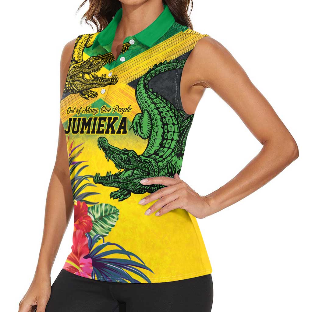 Personalized Jamaica Crocodile Women Sleeveless Polo Shirt Tropical Flowers Grunge Flag - Wonder Print Shop