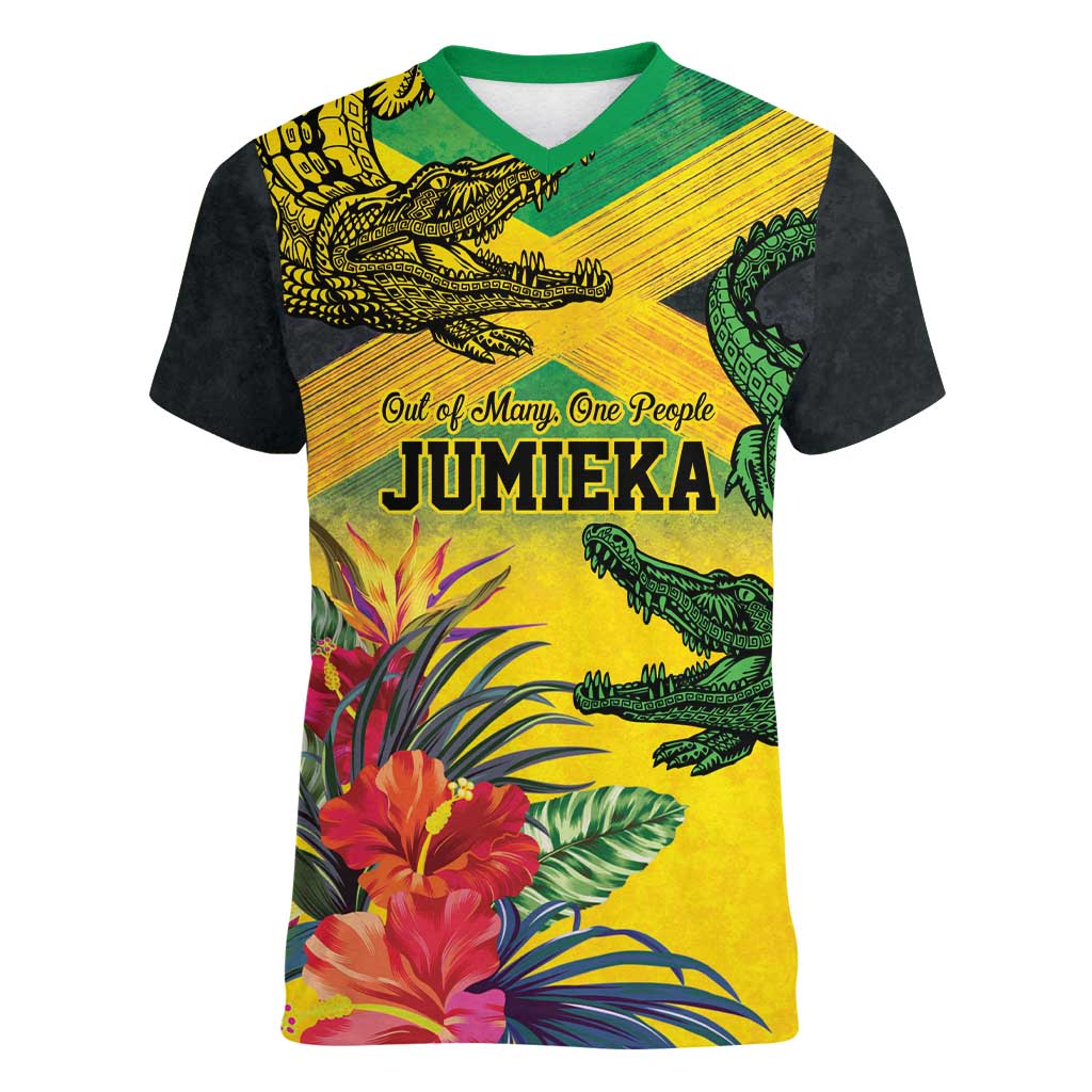 Personalized Jamaica Crocodile Women V-Neck T-Shirt Tropical Flowers Grunge Flag - Wonder Print Shop