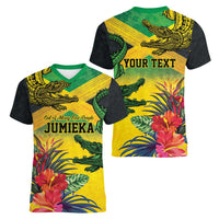 Personalized Jamaica Crocodile Women V-Neck T-Shirt Tropical Flowers Grunge Flag - Wonder Print Shop