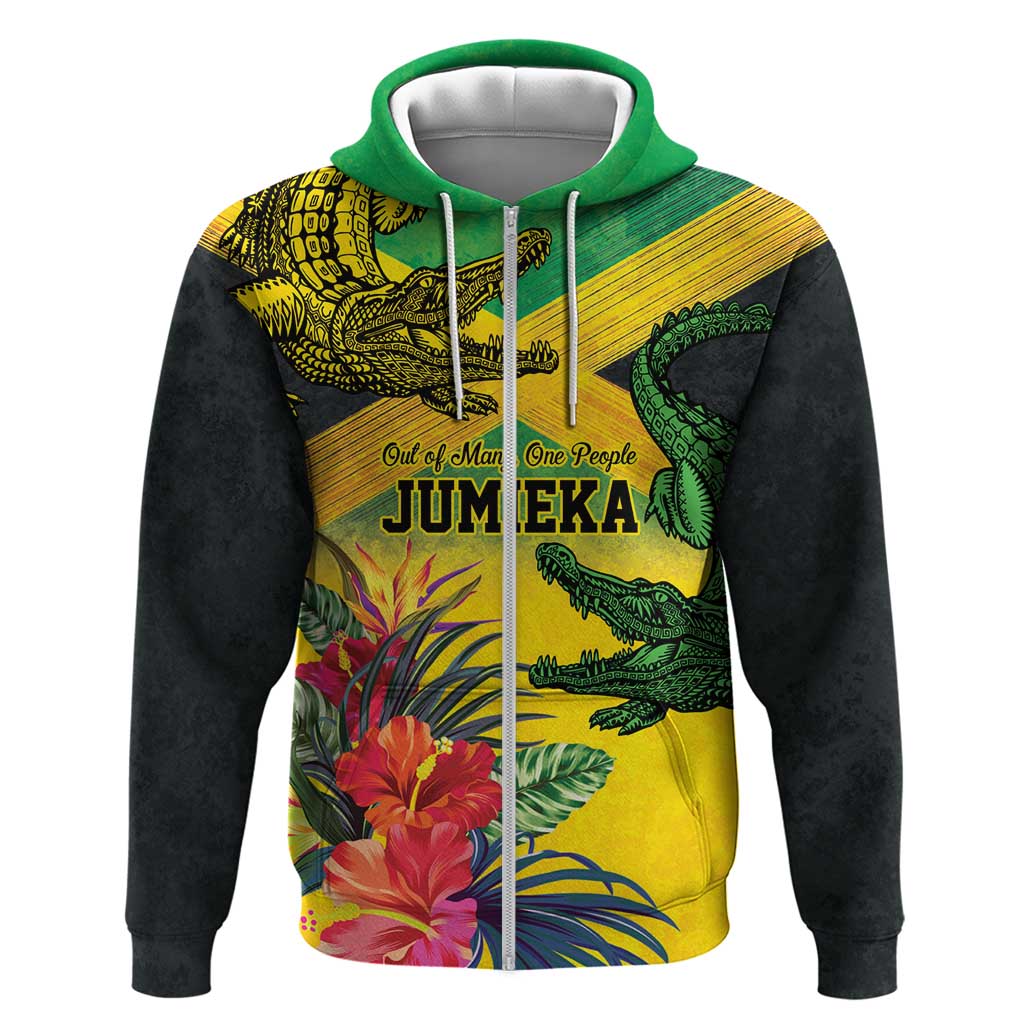 Personalized Jamaica Crocodile Zip Hoodie Tropical Flowers Grunge Flag - Wonder Print Shop