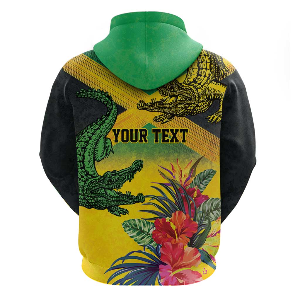 Personalized Jamaica Crocodile Zip Hoodie Tropical Flowers Grunge Flag - Wonder Print Shop
