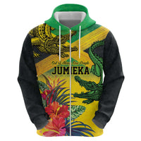 Personalized Jamaica Crocodile Zip Hoodie Tropical Flowers Grunge Flag - Wonder Print Shop