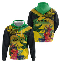 Personalized Jamaica Crocodile Zip Hoodie Tropical Flowers Grunge Flag - Wonder Print Shop
