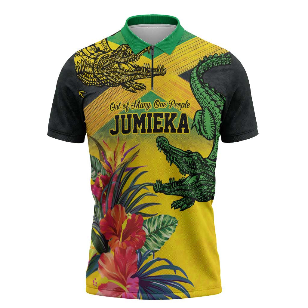 Personalized Jamaica Crocodile Zipper Polo Shirt Tropical Flowers Grunge Flag - Wonder Print Shop