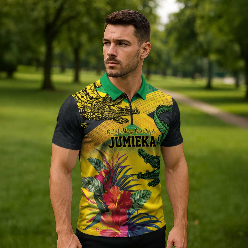 Personalized Jamaica Crocodile Zipper Polo Shirt Tropical Flowers Grunge Flag - Wonder Print Shop