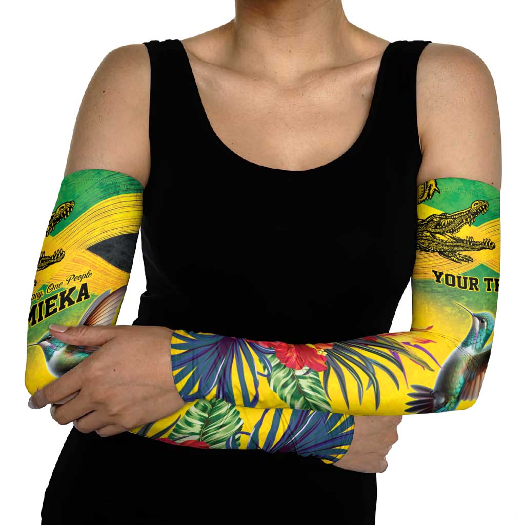 Personalized Jamaica Crocodile Hummingbird Arm Sleeves Tropical Flowers Grunge Flag - Wonder Print Shop