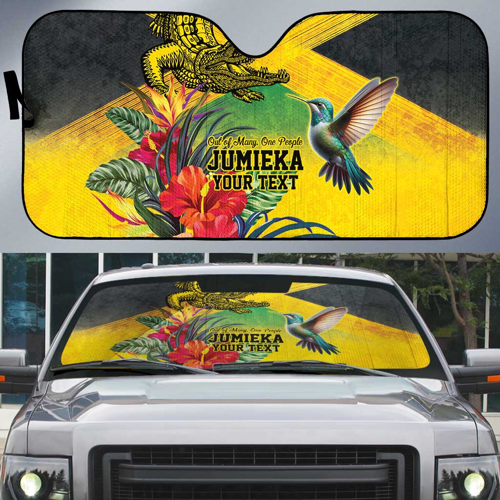 Personalized Jamaica Crocodile Hummingbird Auto Sun Shade Tropical Flowers Grunge Flag - Wonder Print Shop