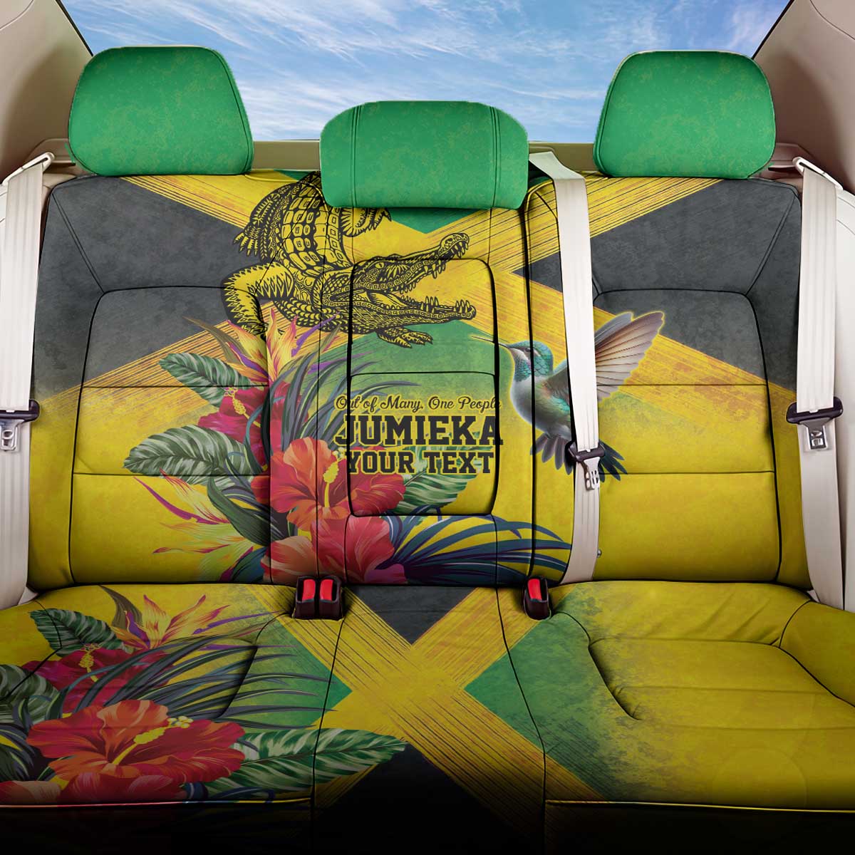 Personalized Jamaica Crocodile Hummingbird Back Car Seat Cover Tropical Flowers Grunge Flag - Wonder Print Shop