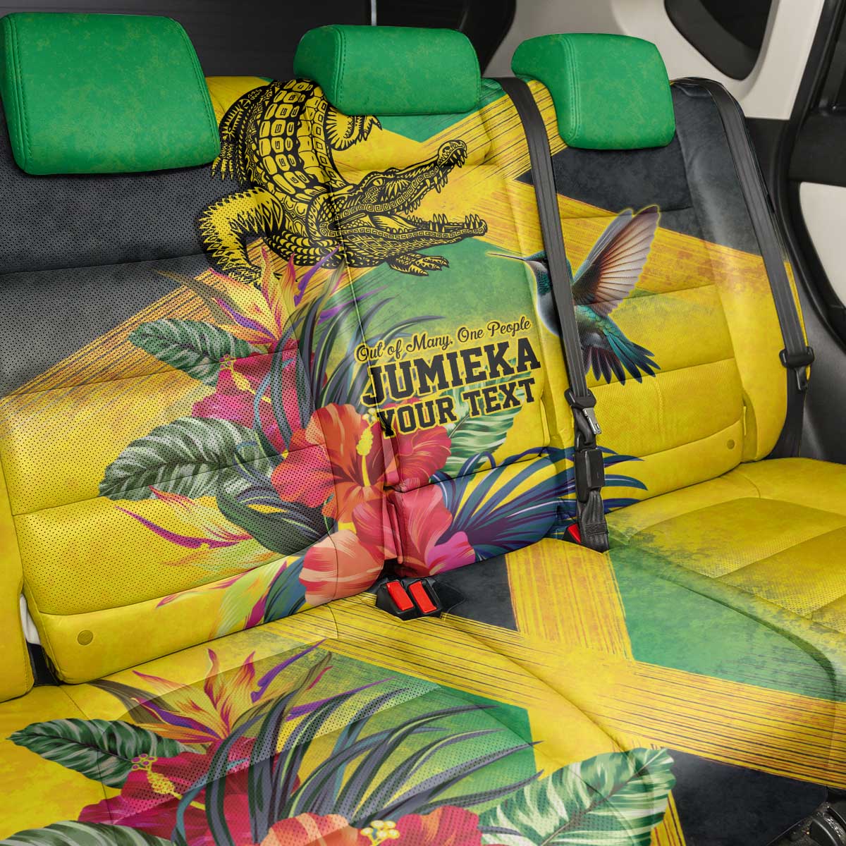 Personalized Jamaica Crocodile Hummingbird Back Car Seat Cover Tropical Flowers Grunge Flag - Wonder Print Shop