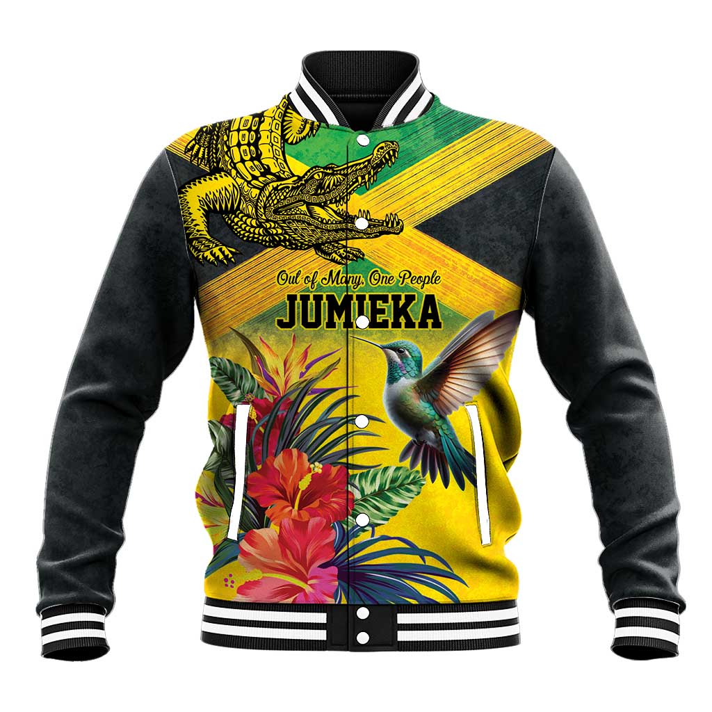 Personalized Jamaica Crocodile Hummingbird Baseball Jacket Tropical Flowers Grunge Flag - Wonder Print Shop