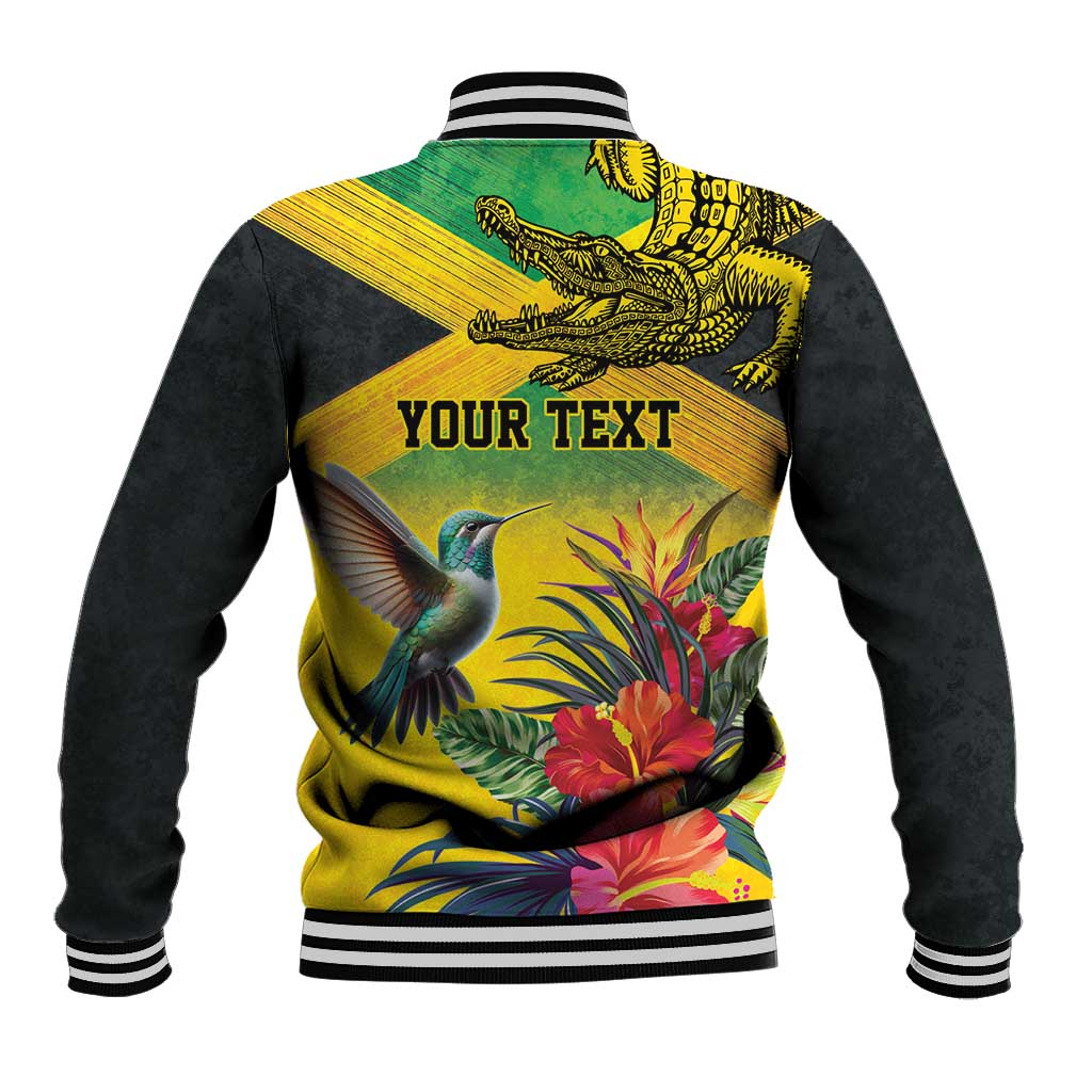 Personalized Jamaica Crocodile Hummingbird Baseball Jacket Tropical Flowers Grunge Flag - Wonder Print Shop