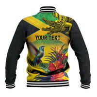 Personalized Jamaica Crocodile Hummingbird Baseball Jacket Tropical Flowers Grunge Flag - Wonder Print Shop