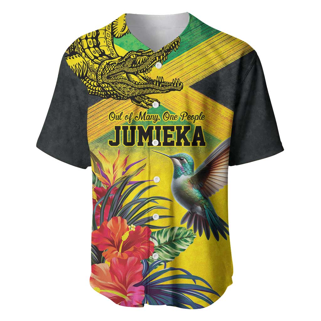 Personalized Jamaica Crocodile Hummingbird Baseball Jersey Tropical Flowers Grunge Flag - Wonder Print Shop