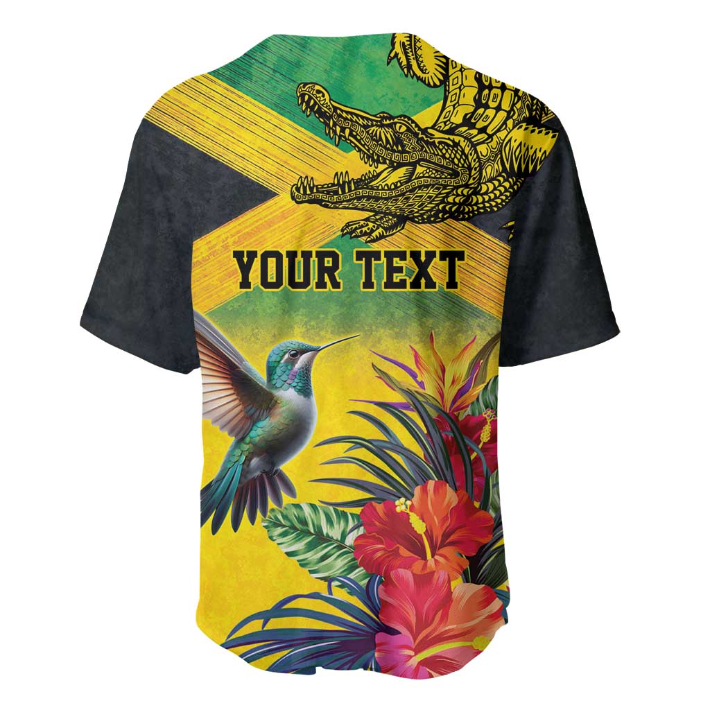 Personalized Jamaica Crocodile Hummingbird Baseball Jersey Tropical Flowers Grunge Flag - Wonder Print Shop