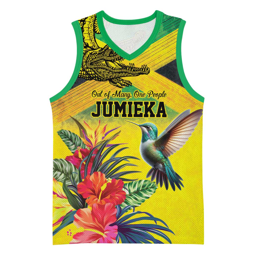 Personalized Jamaica Crocodile Hummingbird Basketball Jersey Tropical Flowers Grunge Flag - Wonder Print Shop