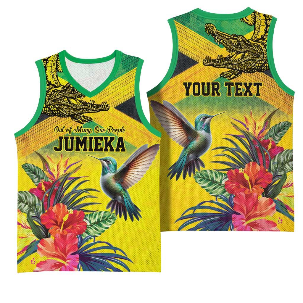 Personalized Jamaica Crocodile Hummingbird Basketball Jersey Tropical Flowers Grunge Flag - Wonder Print Shop
