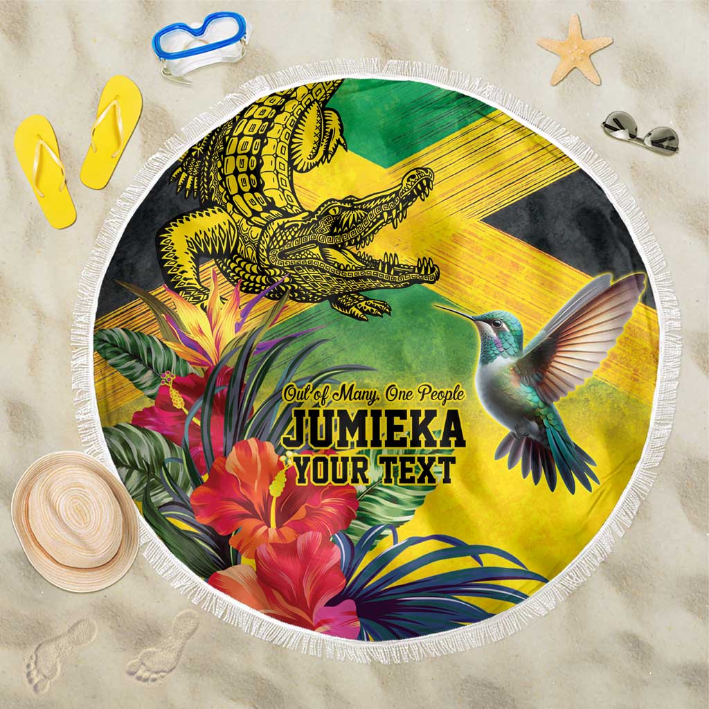 Personalized Jamaica Crocodile Hummingbird Beach Blanket Tropical Flowers Grunge Flag - Wonder Print Shop