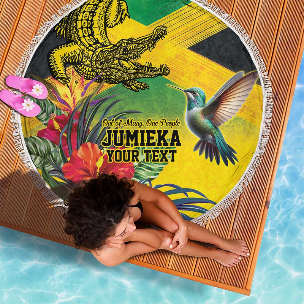 Personalized Jamaica Crocodile Hummingbird Beach Blanket Tropical Flowers Grunge Flag - Wonder Print Shop
