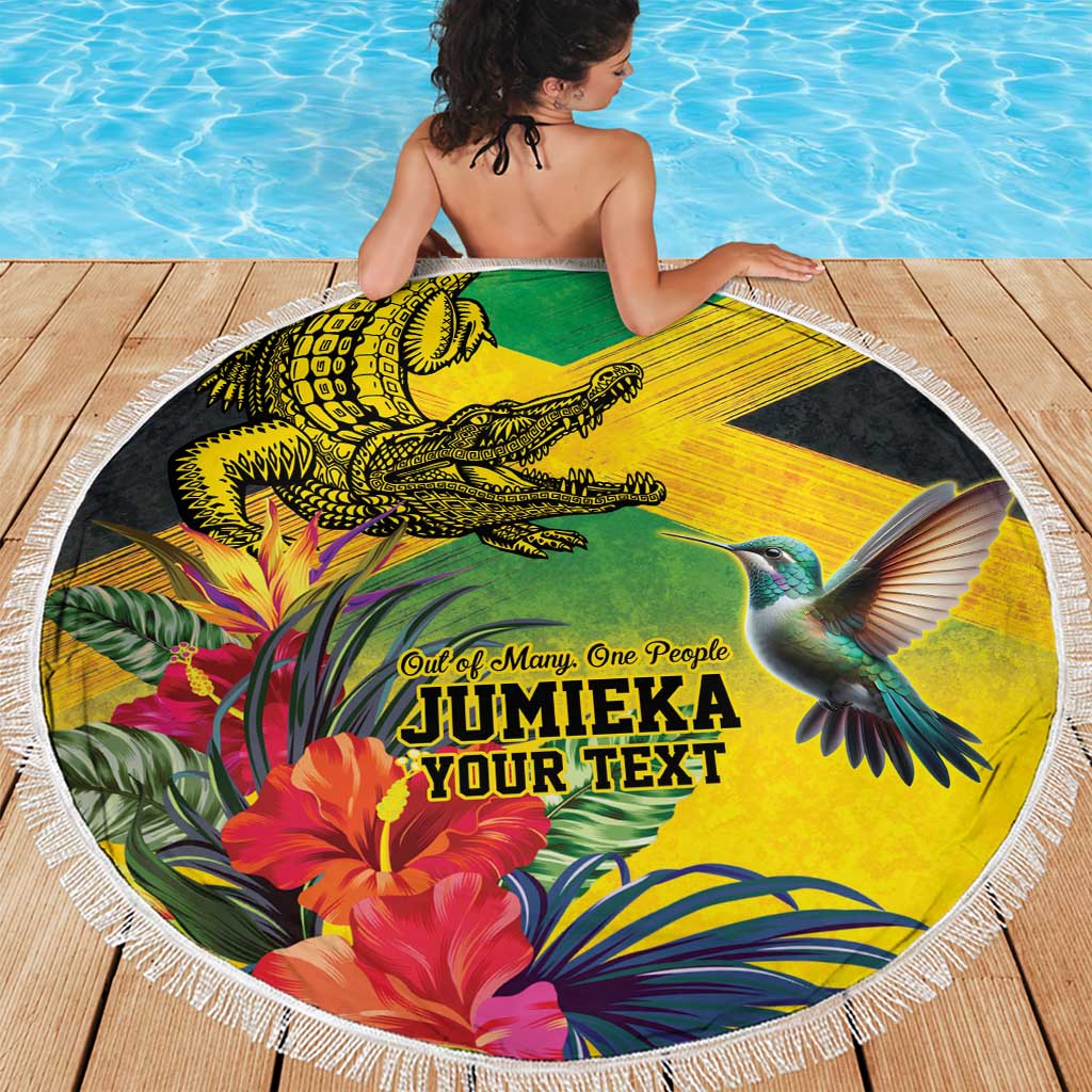 Personalized Jamaica Crocodile Hummingbird Beach Blanket Tropical Flowers Grunge Flag - Wonder Print Shop