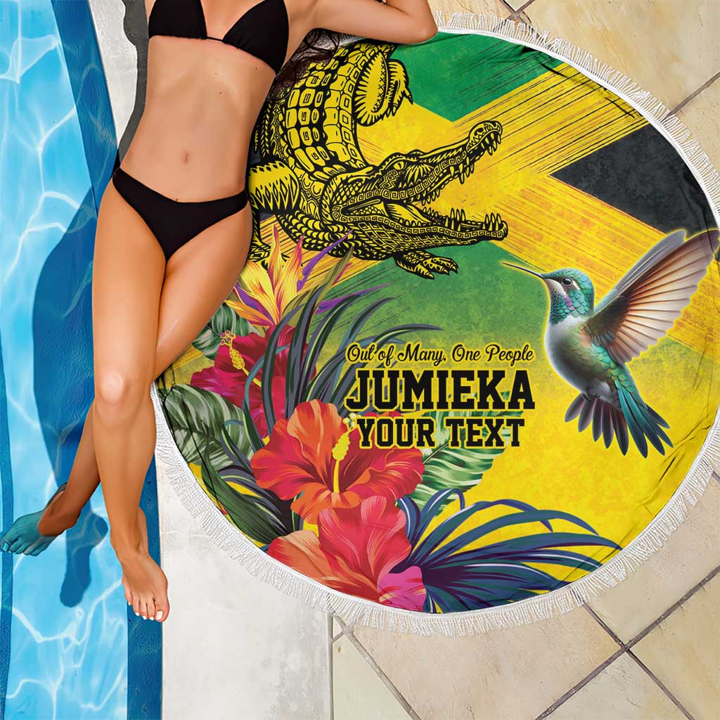 Personalized Jamaica Crocodile Hummingbird Beach Blanket Tropical Flowers Grunge Flag - Wonder Print Shop