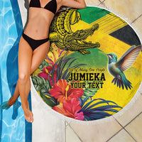 Personalized Jamaica Crocodile Hummingbird Beach Blanket Tropical Flowers Grunge Flag - Wonder Print Shop