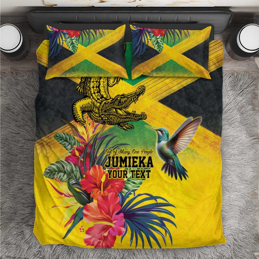 Personalized Jamaica Crocodile Hummingbird Bedding Set Tropical Flowers Grunge Flag - Wonder Print Shop